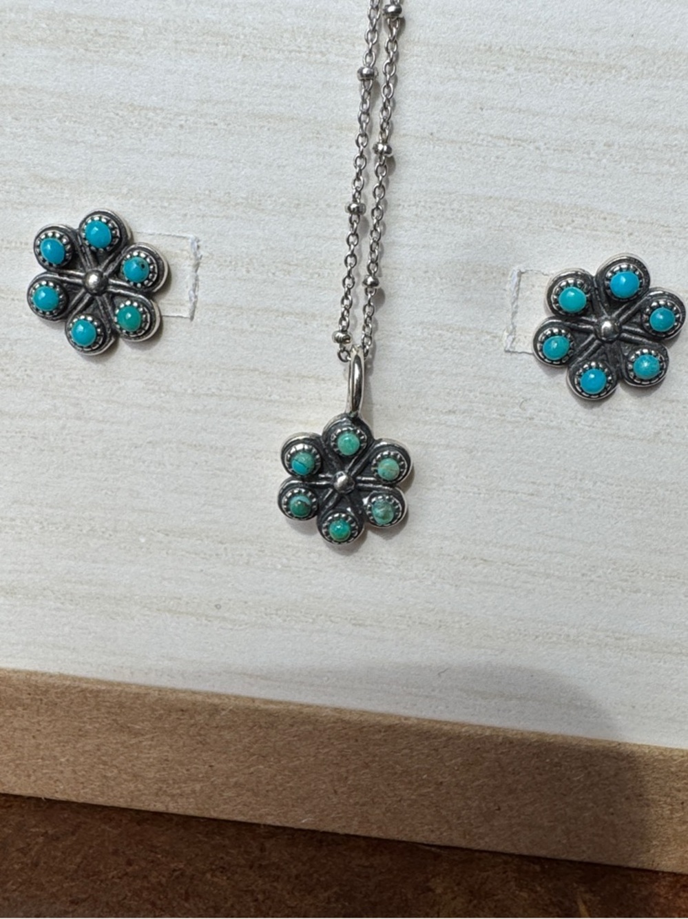 Sterling Silver Turquoise Flower Necklace and Earrings Set